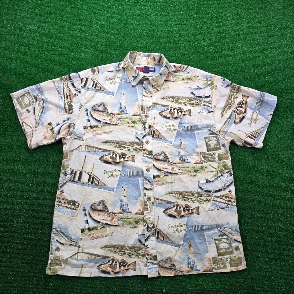 Reel Legends Shirt‎ Mens Large/XL Button Up Short Sleeve Outdoors Fishing AOP